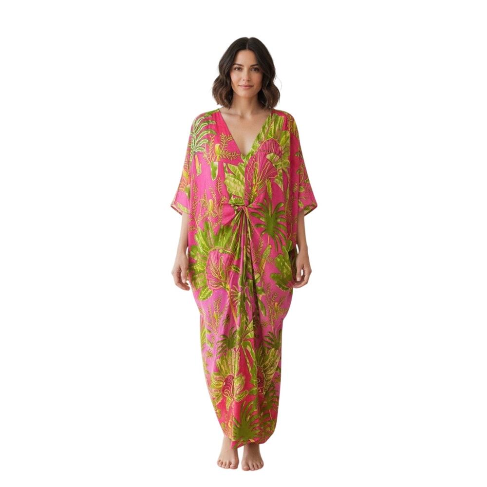 NWT GOLD & SILVER PARIS Pink Tropical Print Embroidered Kaftan Dress